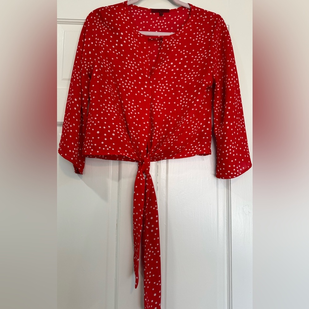 Red by BKE Red & White Polka Dot Front Tie Chiffon Top 3/4 Bell Sleeves